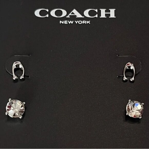 Coach Signature C & Stone Stud Earrings Set Silver Butterfly Close New With Tags - Picture 1 of 13